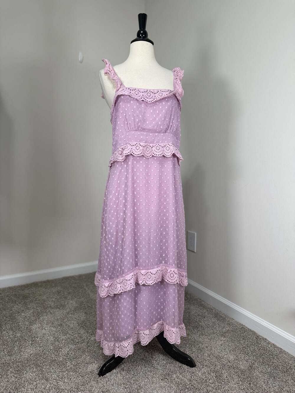 Hope & Ivy Purple Swiss Dot Ruffle Eyelet Midi Dress Rantic Coquette Fairy